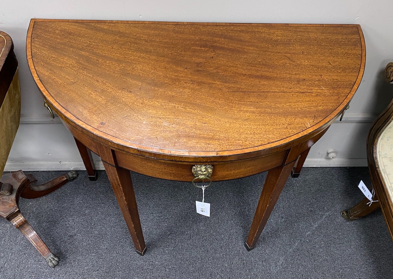 A George III and later banded mahogany demi lune folding card table, width 91cm, depth 45cm, height 76cm